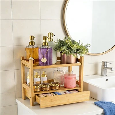 2-Tier Bamboo Bathroom Organizer With Huna Drawer